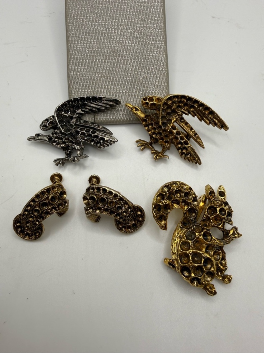Vintage Rhinestone Jewelry Lot Bird Squirrel Brooch Earrings Missing Stones